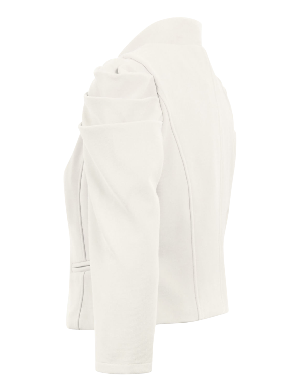 Ghost mannequin stands in front of a plain background, the ghost mannequin wears a cream cropped blazer, with long sleeves and puff shoulder  sleeves. The blazer has a front  hook clasp fastening  and faux front side pockets. The ghost mannequin faces to the side, the side of the blazer can be seen, including the puff shoulder sleeves.