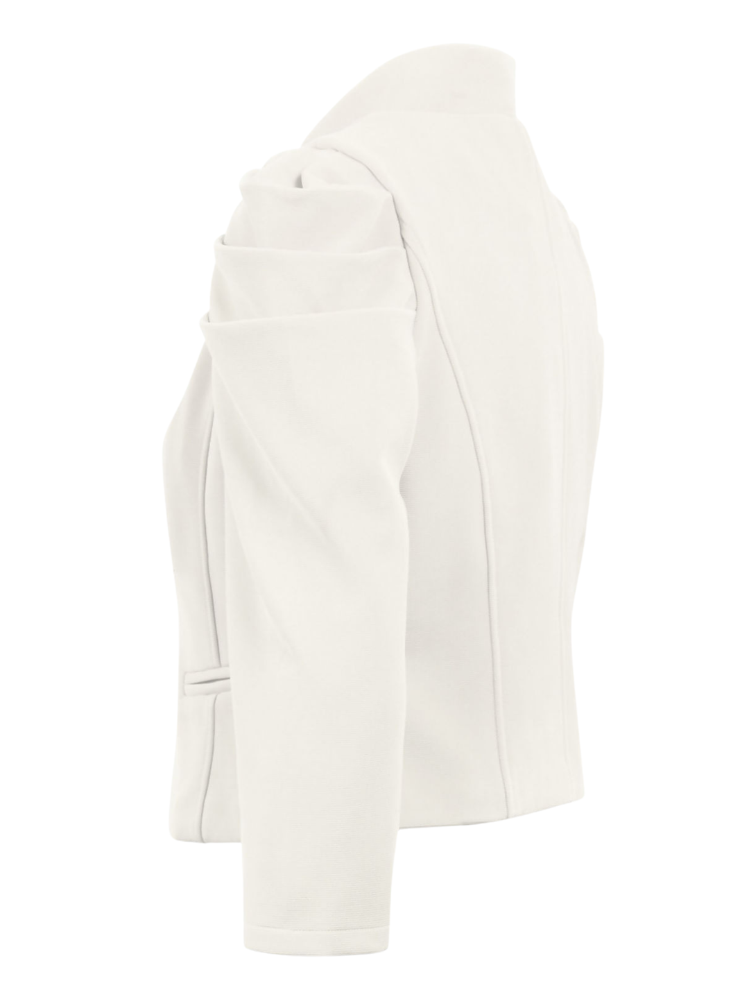 Ghost mannequin stands in front of a plain background, the ghost mannequin wears a cream cropped blazer, with long sleeves and puff shoulder  sleeves. The blazer has a front  hook clasp fastening  and faux front side pockets. The ghost mannequin faces to the side, the side of the blazer can be seen, including the puff shoulder sleeves.