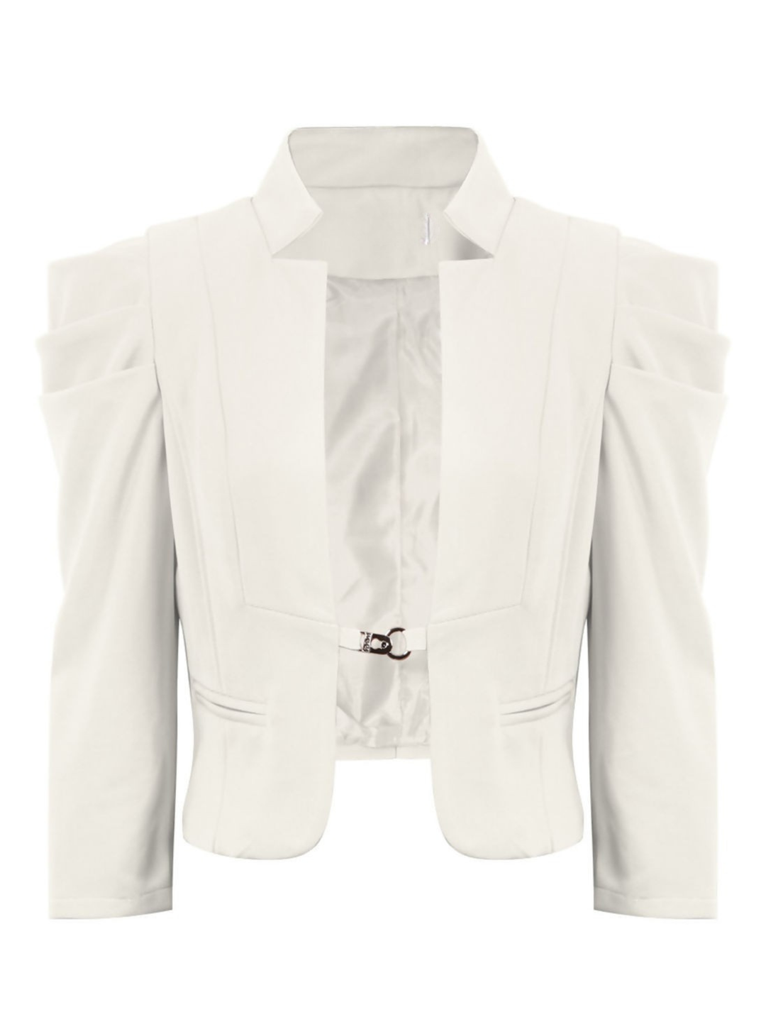 Ghost mannequin stands in front of a plain background, the ghost mannequin wears a cream cropped blazer, with long sleeves and puffed sleeves. The blazer has a front  hook clasp fastening  and faux front side pockets. The ghost mannequin faces forward, the front of the blazer can be seen, including the front hook fastening.