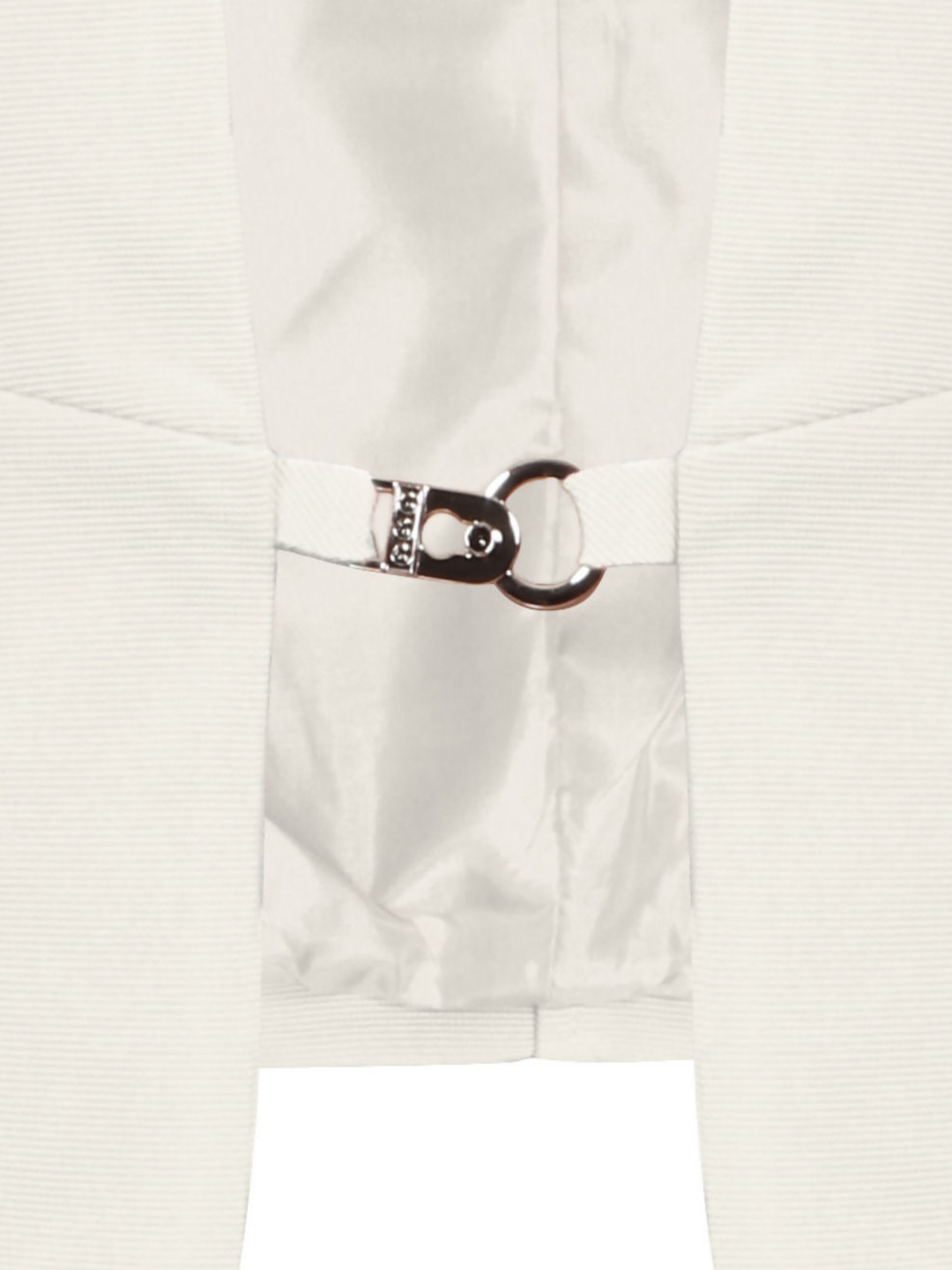 Close up of front hook fastening. Ghost mannequin wears a cream cropped blazer.