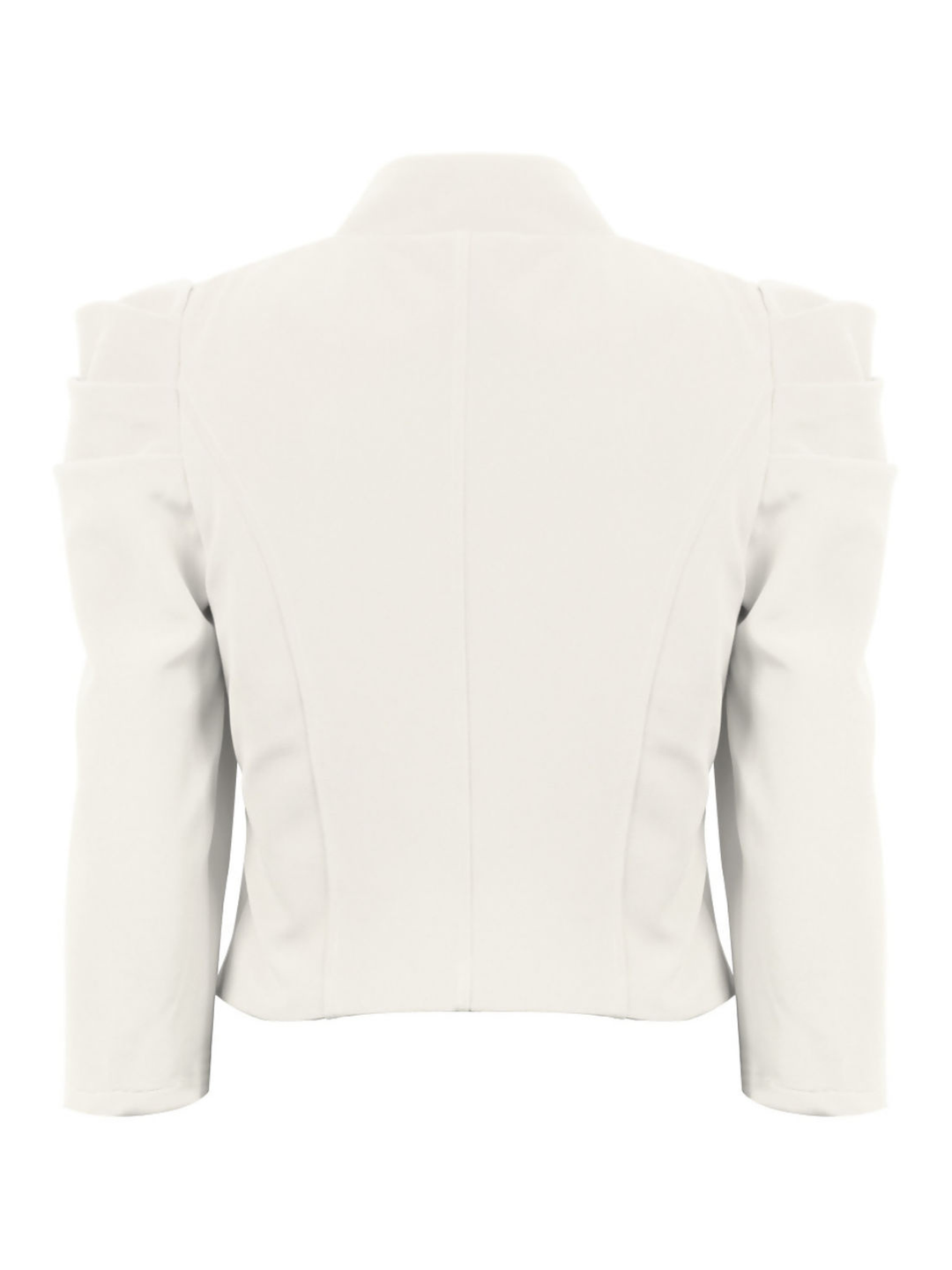 Ghost mannequin stands in front of a plain background, the ghost mannequin wears a cream cropped blazer, with long sleeves and puff shoulder  sleeves. The blazer has a front  hook clasp fastening  and faux front side pockets. The ghost mannequin faces with his back to the camera, the back of blazer.