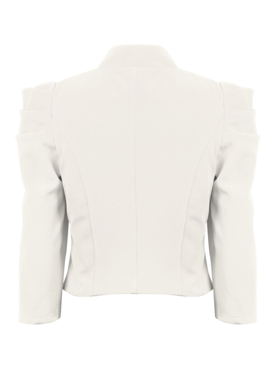 Ghost mannequin stands in front of a plain background, the ghost mannequin wears a cream cropped blazer, with long sleeves and puff shoulder  sleeves. The blazer has a front  hook clasp fastening  and faux front side pockets. The ghost mannequin faces with his back to the camera, the back of blazer.