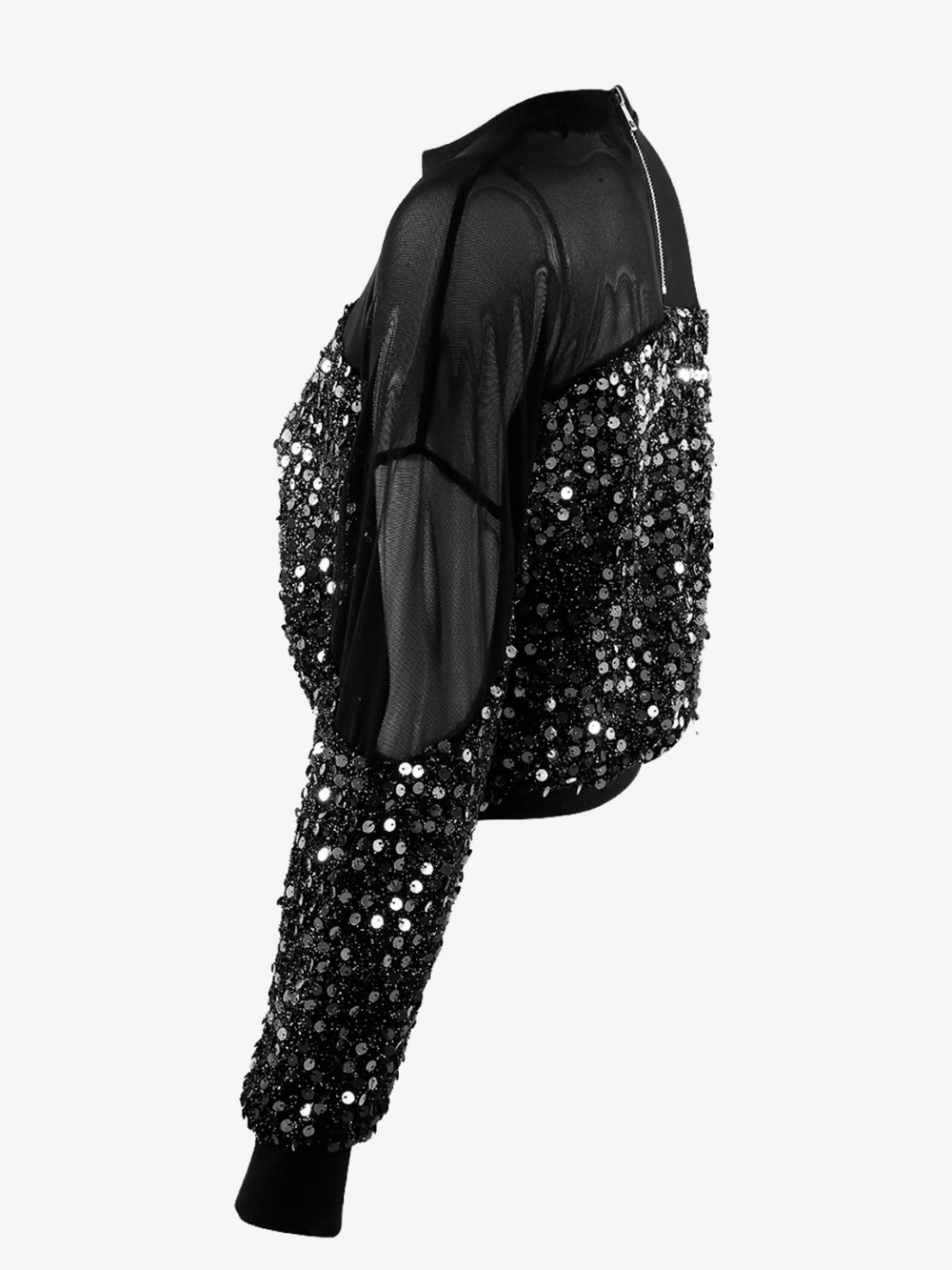 Ghost manequin wears a black Crop top with silver sequins and black mesh panelling at the top and sleeve.  The ghost manequin stands to the side, the front and the back of the manequin are visible, including  the exposed zip rear fastening.