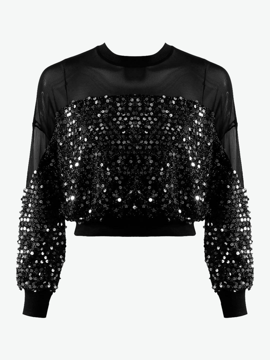 Ghost manequin wears a black Crop top with silver sequins and black mesh panelling at the top and sleeve. The front of the crop top is visible.
