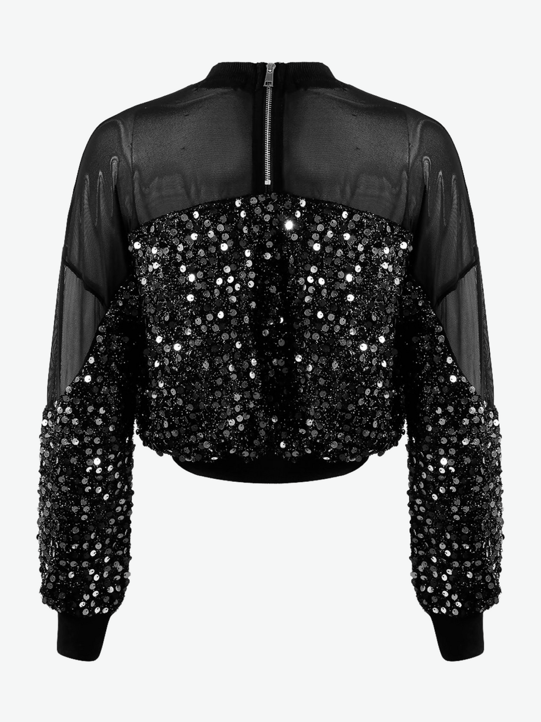 Ghost manequin wears a black Crop top with silver sequins and black mesh panelling at the top and sleeve.  The back of the manequin is visible, including the exposed silver chunky zip.