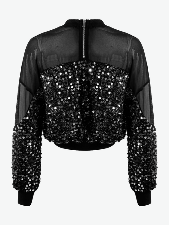 Ghost manequin wears a black Crop top with silver sequins and black mesh panelling at the top and sleeve.  The back of the manequin is visible, including the exposed silver chunky zip.