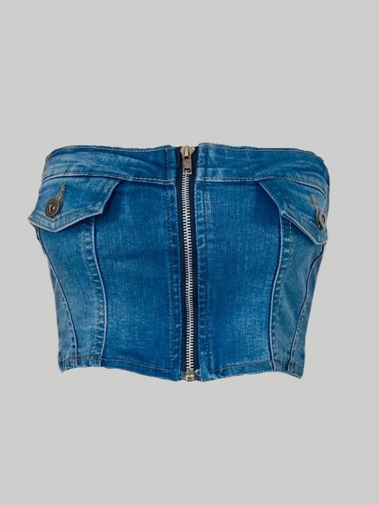 Ghost maneuin wears a denim badeau crop top. The denim top has a silver front zip fastening and front faux pockets. The ghost manequin faces forward, the front of the top can be seen. 