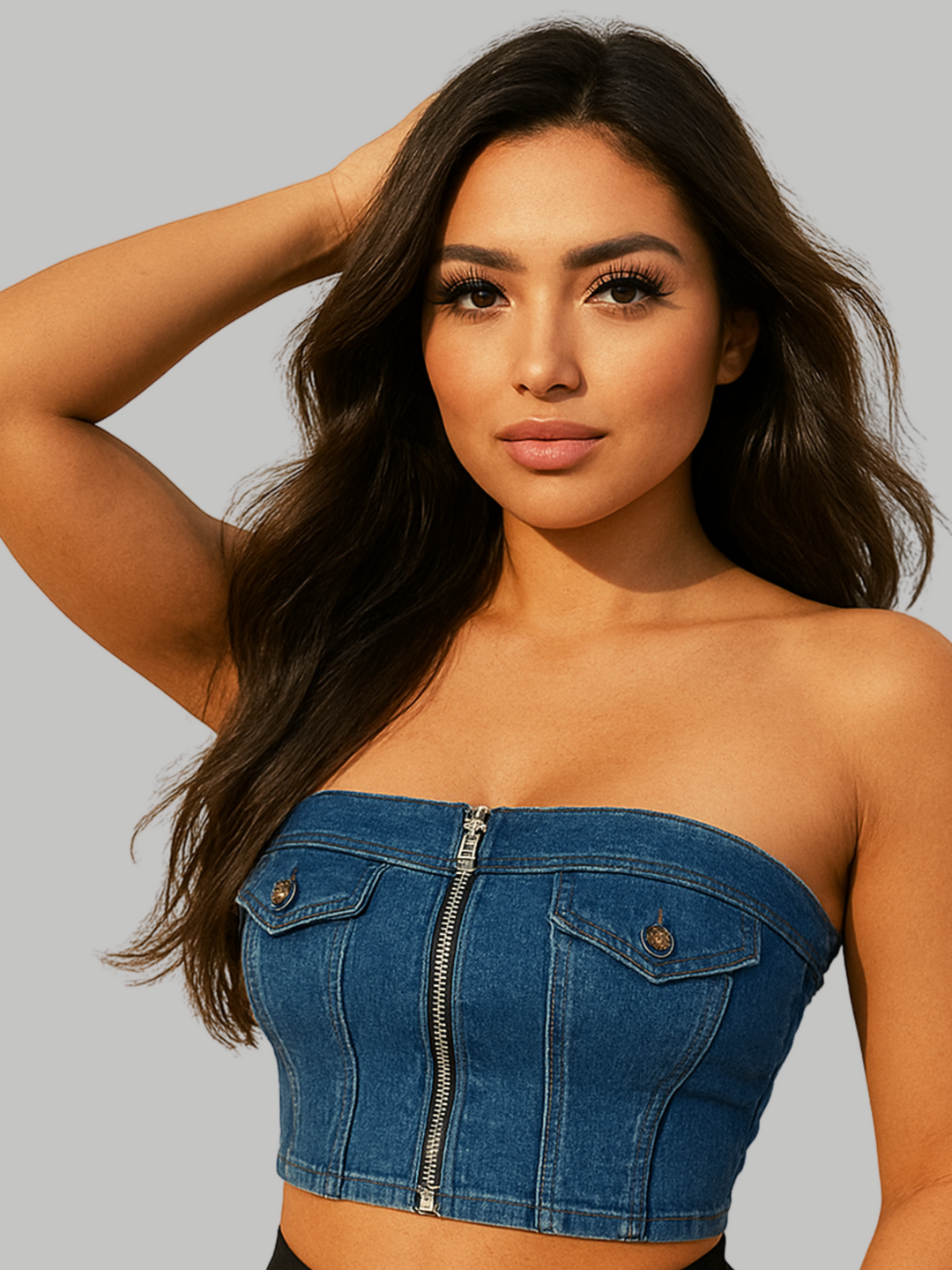 Female model stands in front of a light grey background, she wears a blue denim bandeau crop top with faux front pockets and a zip front fastening. The Model has tanned skin and long black hair, she stands with one hand by her side and the other behind her head, she looks directly into the camera 