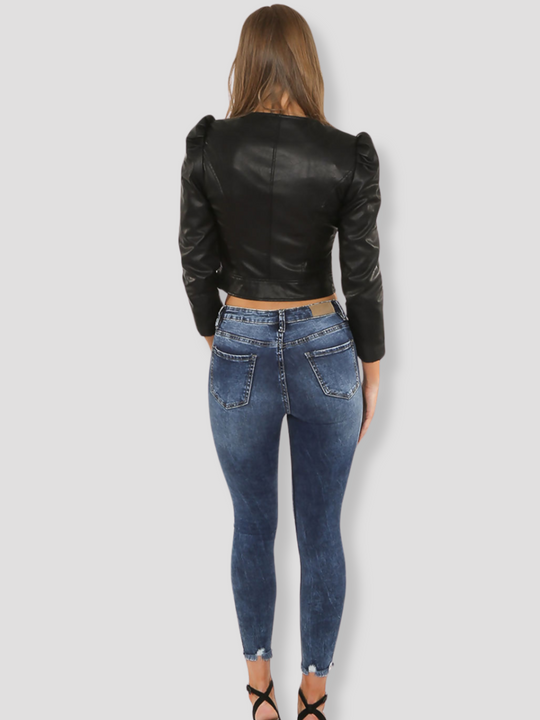 Black Leather Look Cropped Jacket With Front Chunky Zip Fastening and Puffed Shoulder Detailing