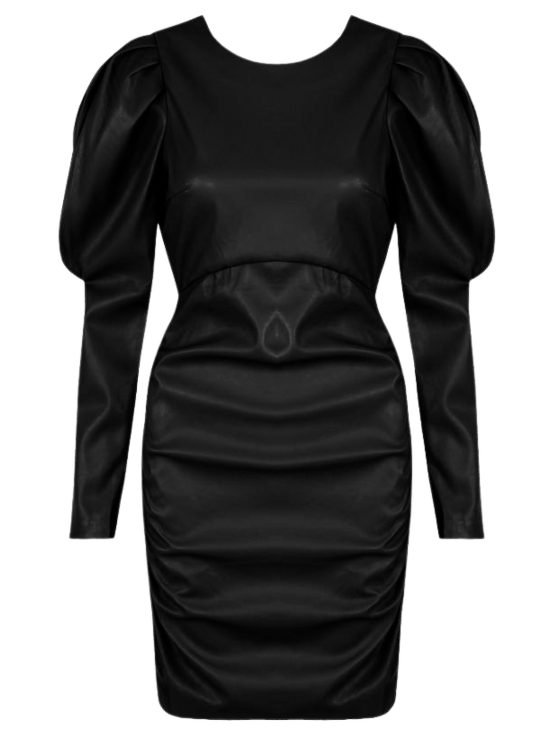 Ghost manequin wears a luxe faux leather mini dress, with statement pleated shoulders and long sleeves. The dress has a bodycon fit.