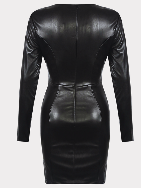 Ghost manequin wears  a luxe thick faux leather mini dress with long sleeves and front wrap design. The back of the faux lether dress is visible that has a concealed zip closure. 