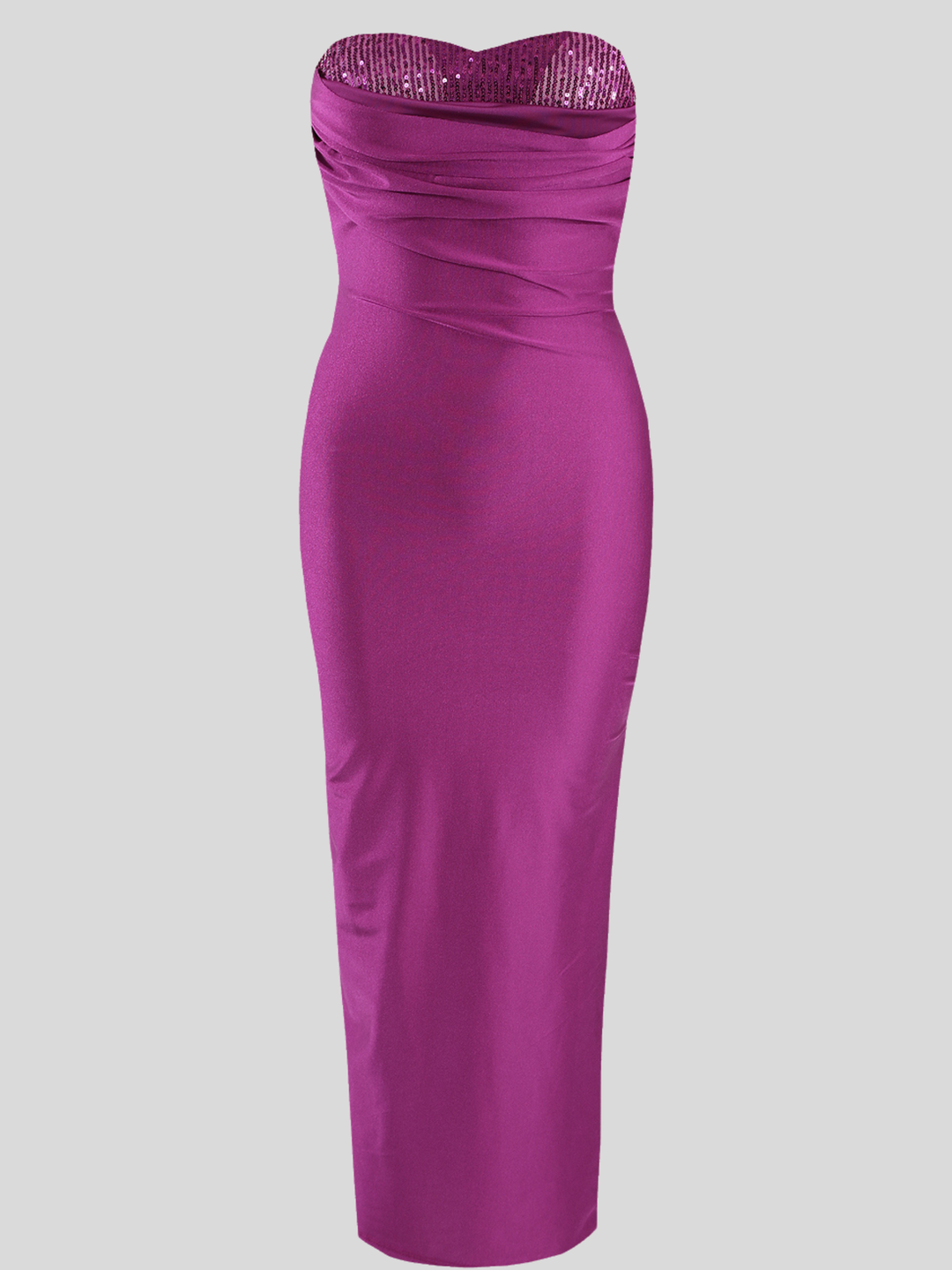 Ghost mannequin stands in front of a plain background, wearing a fuschia midi dress that has a ruched cup design and bandeau fuschia sequin front insert. The midi dress also has a side split.