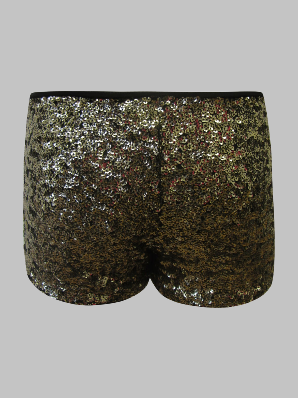 Ghost mannequin wears a gold sequin hot pants. The ghost mannequin faces with their back to the camera, the back of the gold sequined shorts can be seen.