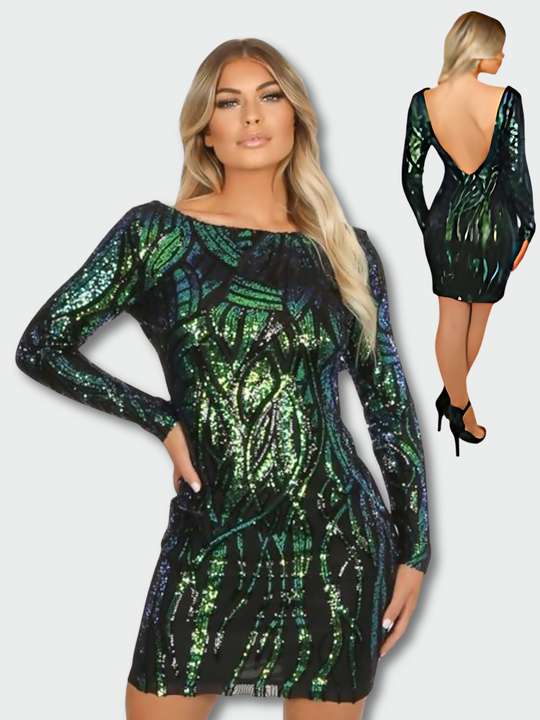 Model wears long sleeved green and black sequined midi dress with open back.  Photo shows two images of the black and green sequined mini dress. One image shows the front of the dress as teh model faces forward. The other image shows the back of the dress as the model stands with her back to the camera.