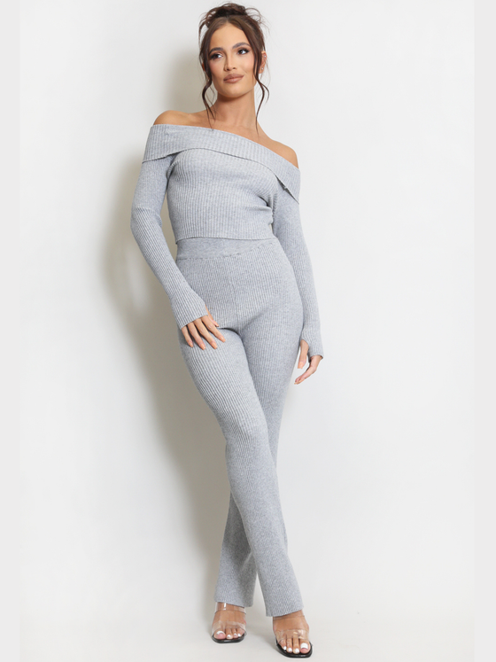 Grey Grey Ribbed Off The Shoulder Long Sleeved Top, With Matching Wide Legged Trousers Set