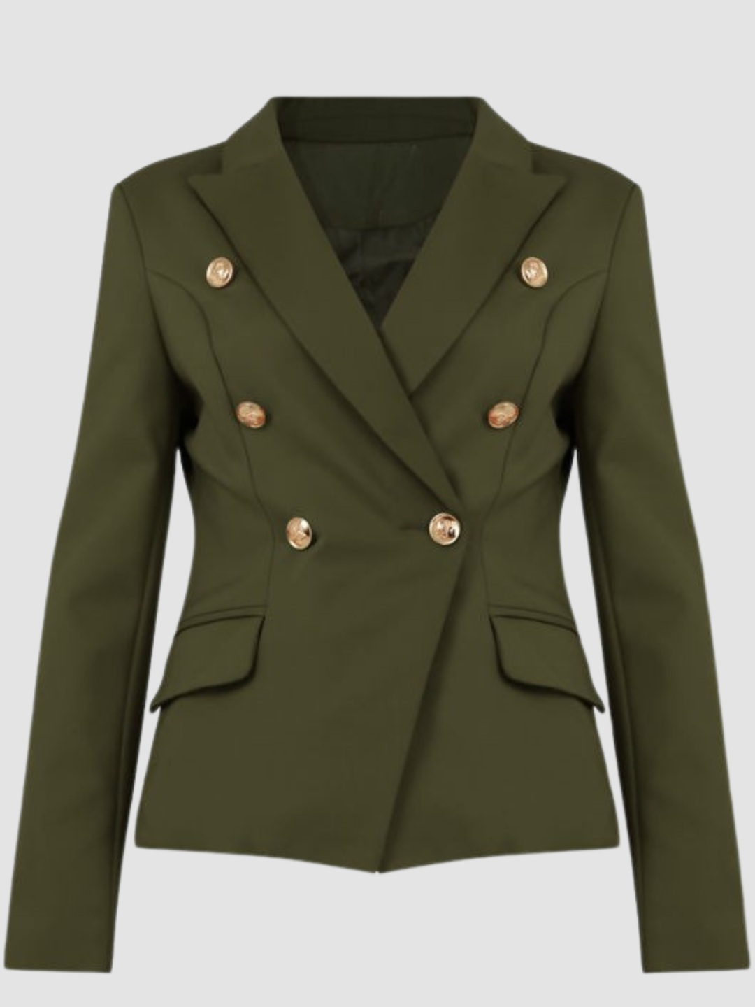 Ghost mannequin stands in front of a plain background. The ghost mannequin wears a double breasted khaki  blazer with gold military button detailing and fauxside pockets. The ghost mannequin faces forward, the front of the blazer and the military button detailing can be seen.