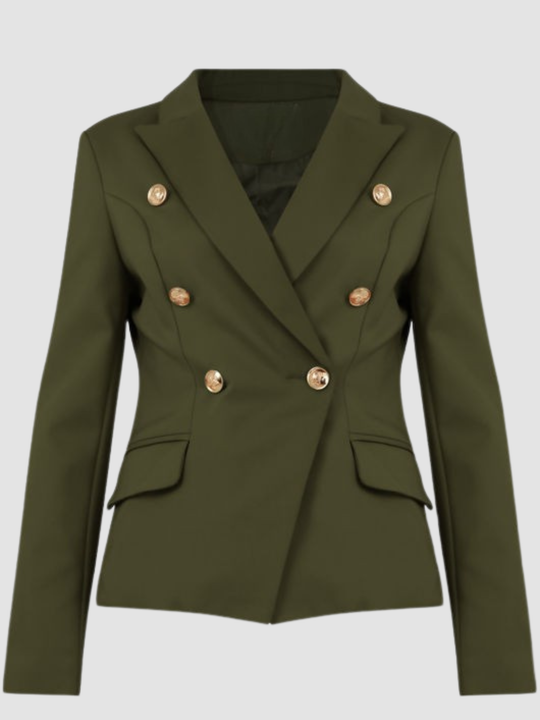 Ghost mannequin stands in front of a plain background. The ghost mannequin wears a double breasted khaki  blazer with gold military button detailing and fauxside pockets. The ghost mannequin faces forward, the front of the blazer and the military button detailing can be seen.
