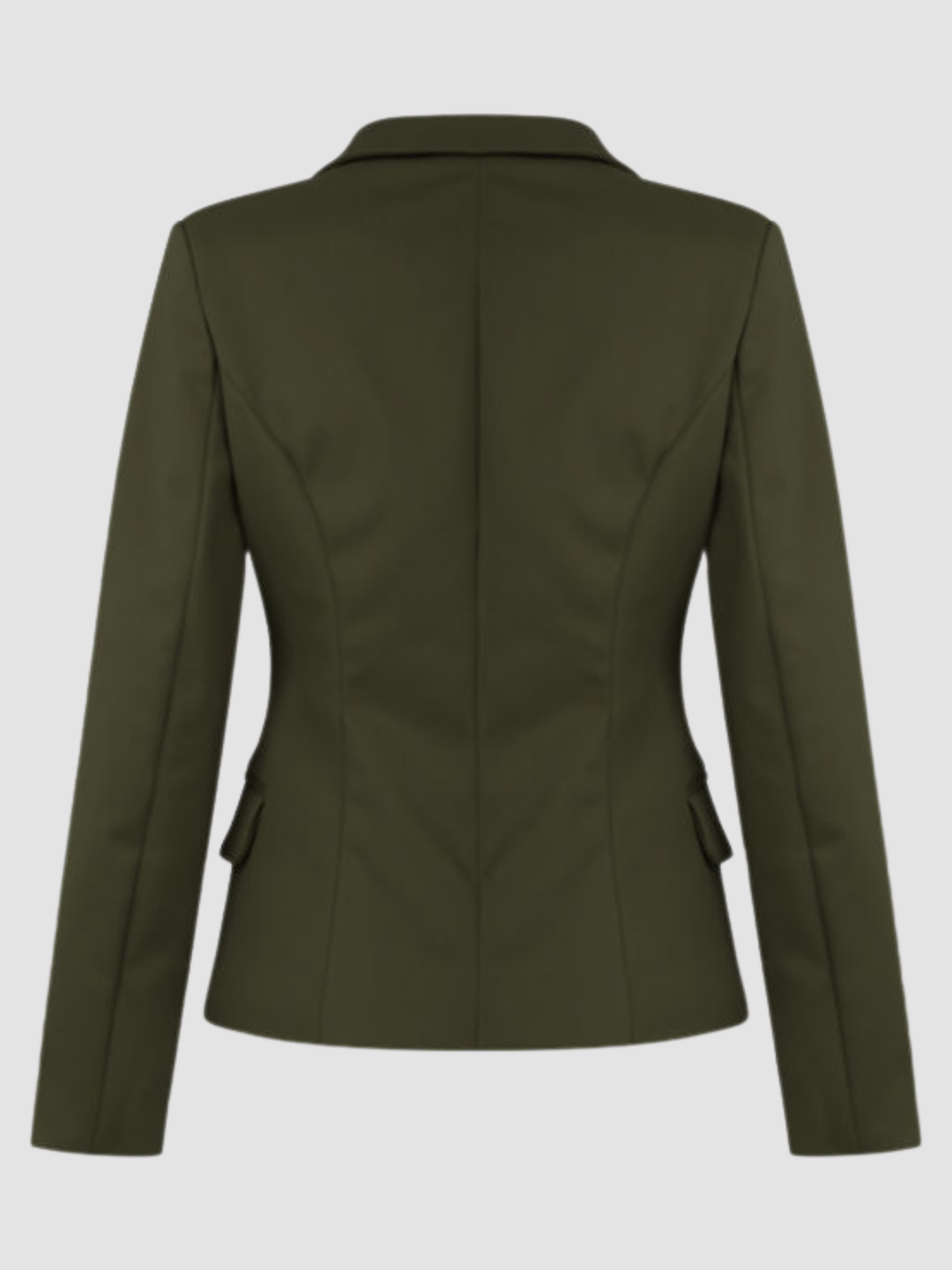 host mannequin stands in front of a plain background. The ghost mannequin wears a double breasted khaki  blazer with gold military button detailing and fauxside pockets. The ghost mannequin stands with her back to the camera, the back of the blazer can be seen.