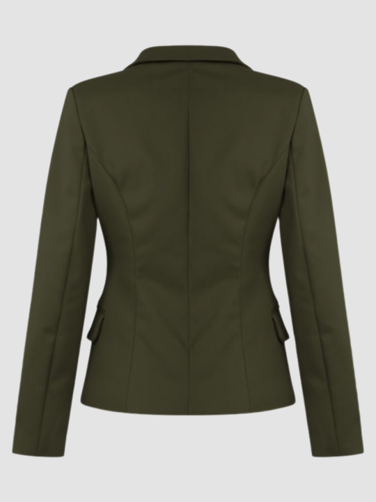 host mannequin stands in front of a plain background. The ghost mannequin wears a double breasted khaki  blazer with gold military button detailing and fauxside pockets. The ghost mannequin stands with her back to the camera, the back of the blazer can be seen.