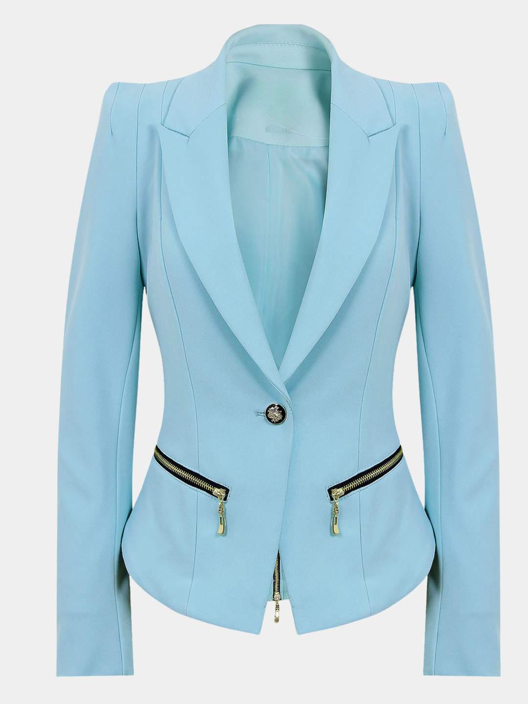 Ghost mannequin stands in front of a plain background. The ghost mannequin wears  a light blue blazer with a single front button fasten, long sleeves and  side zip pockets. The ghost mannequin faces forward,  the front of the blazer can be seen, including the black and gold button.