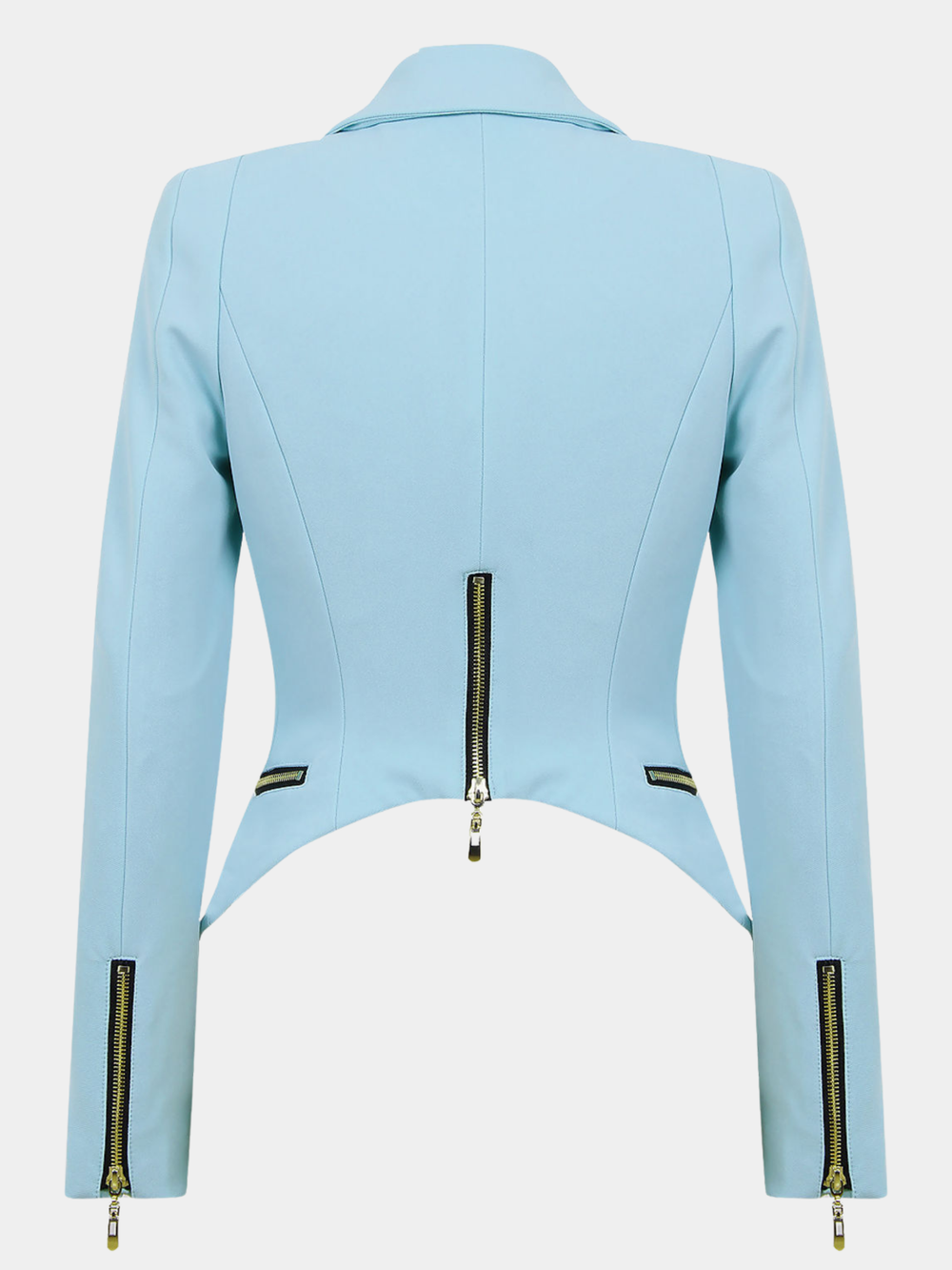 Ghost mannequin stands in front of a plain background. The ghost mannequin wears  a light blue blazer with a single front button fasten, long sleeves and  side zip pockets. The ghost mannequin  faces with their back to the camera, the back of the blazer can be seen, including the curved cropped back of the blazer. 