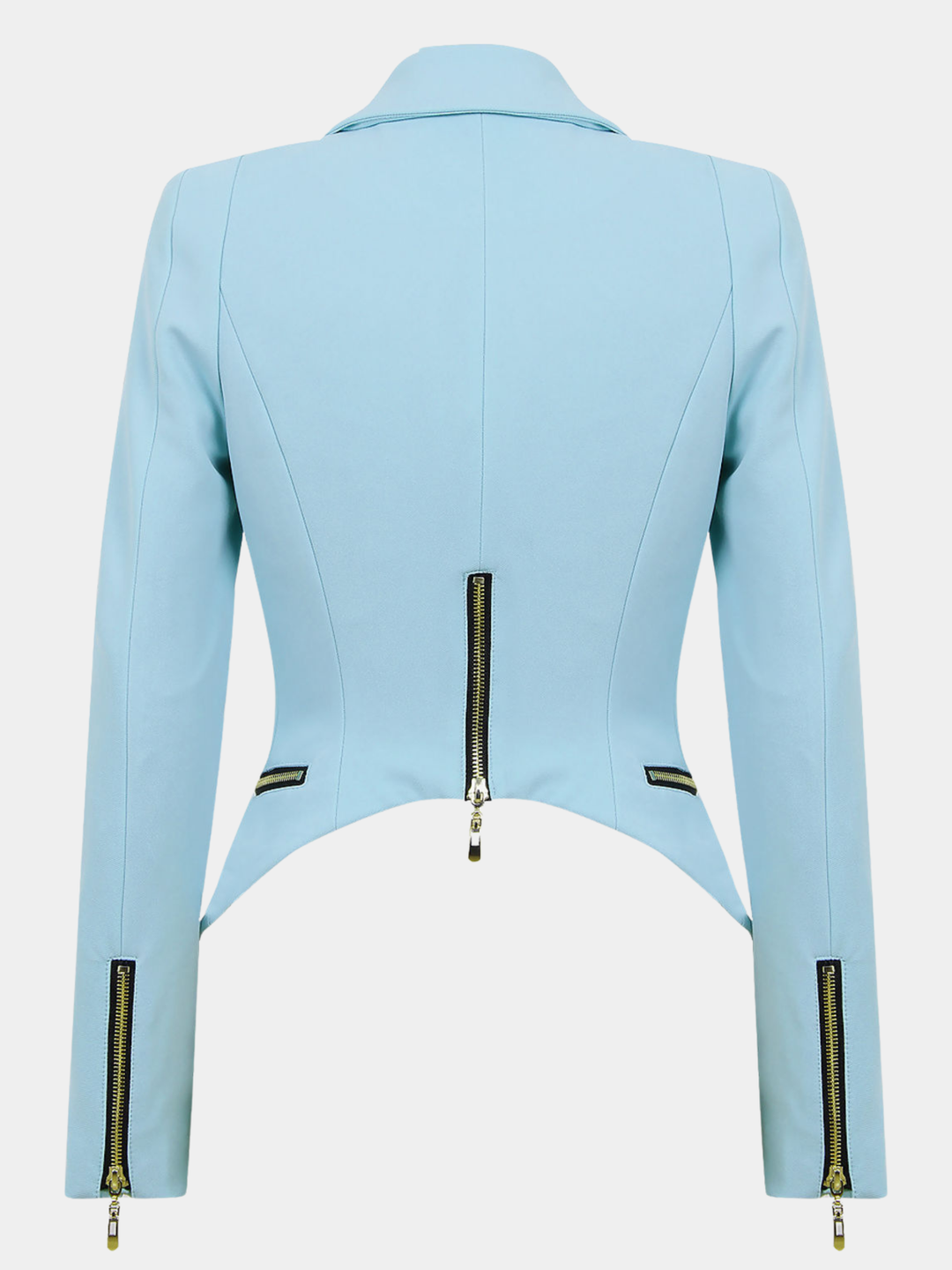Ghost mannequin stands in front of a plain background. The ghost mannequin wears  a light blue blazer with a single front button fasten, long sleeves and  side zip pockets. The ghost mannequin  faces with their back to the camera, the back of the blazer can be seen, including the curved cropped back of the blazer. 