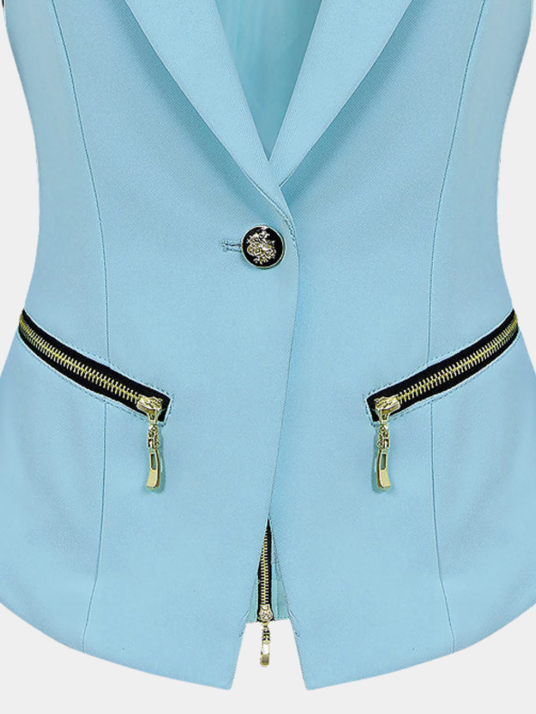 Close up. Ghost mannequin stands in front of a plain background wearing a light blue blazer. The close up shows the single black and gold butten and the exposee zip design at the side of the light blue blazer.