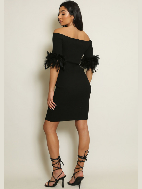 Full length shot. Woman wearing a black off-shoulder dress with feather sleeves against a plain background. The dress is a black ribbed midi dress, the model has tanned skin and dark brown hair, she faces her back to the camera amd wears strappy b;ack heels. The back of the dress can be seen.