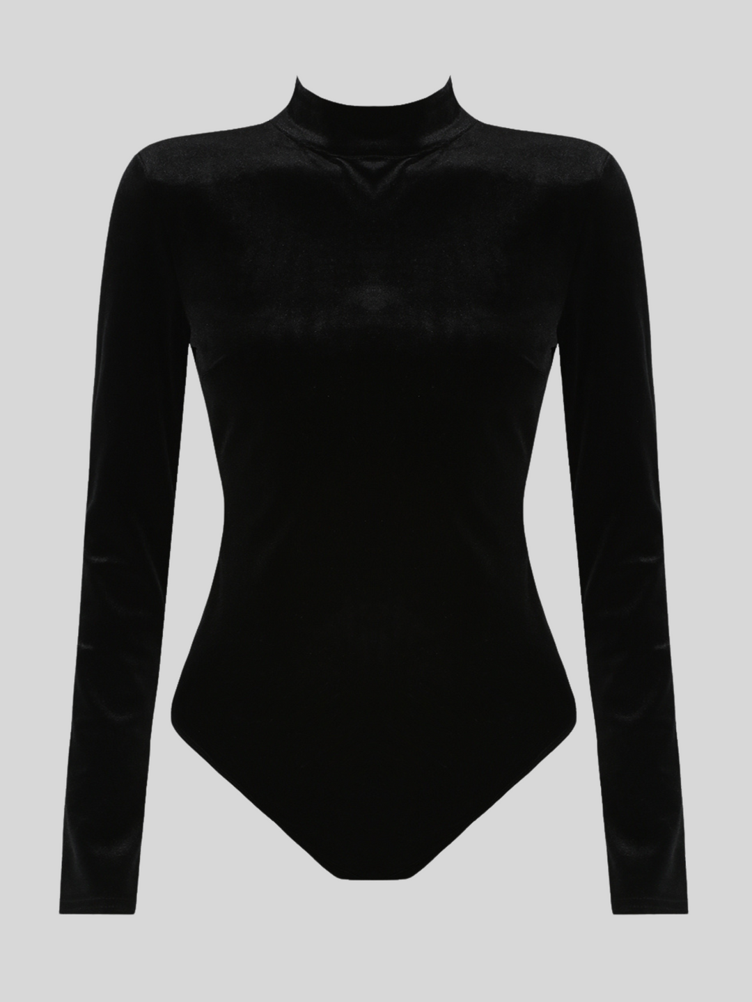 Female model wears a black velvet bodysuit, with an open back which has diamante tassels. The ghost manequin faces forward, the front of the bodysuit can be seen, including the mock neck. 