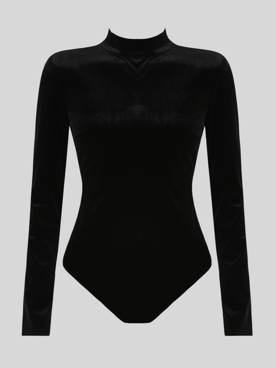 Female model wears a black velvet bodysuit, with an open back which has diamante tassels. The ghost manequin faces forward, the front of the bodysuit can be seen, including the mock neck. 