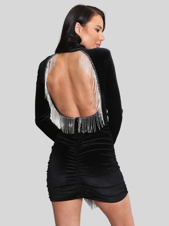 Female model wears black velvet bodysuit with an open back which has diamante tassels. The model stands in front of a plain background, she stands with her back to the camera,  the open back and diamante tassels can be seen.