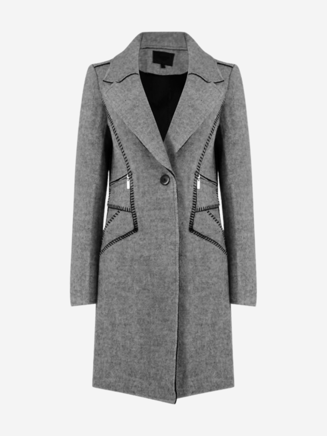 Ghost manequin stands in front of a plain background, the manequin wears a grey woolen coat with single front button fastening and grey tweed trim. The front of the coat can be seen, including teh single button fastening and exposed woven trim design and woolen lapel.