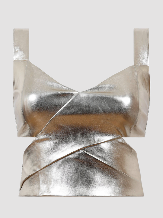 Ghost mannequin wears a faux leather gold metallic crop top with thick gold metallic shoulder  straps, wrap front design and cut out sides and zip back fastening. 