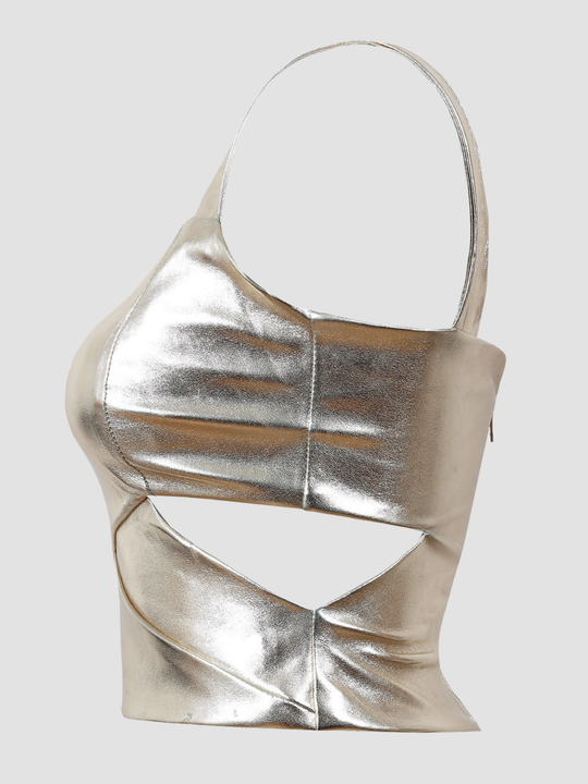Ghost mannequin wears a faux leather gold metallic crop top with thick gold metallic shoulder straps, wrap front design and cut out sides and zip back fastening.  The ghost mannequin stands to the side, the cut out side can be seen. 