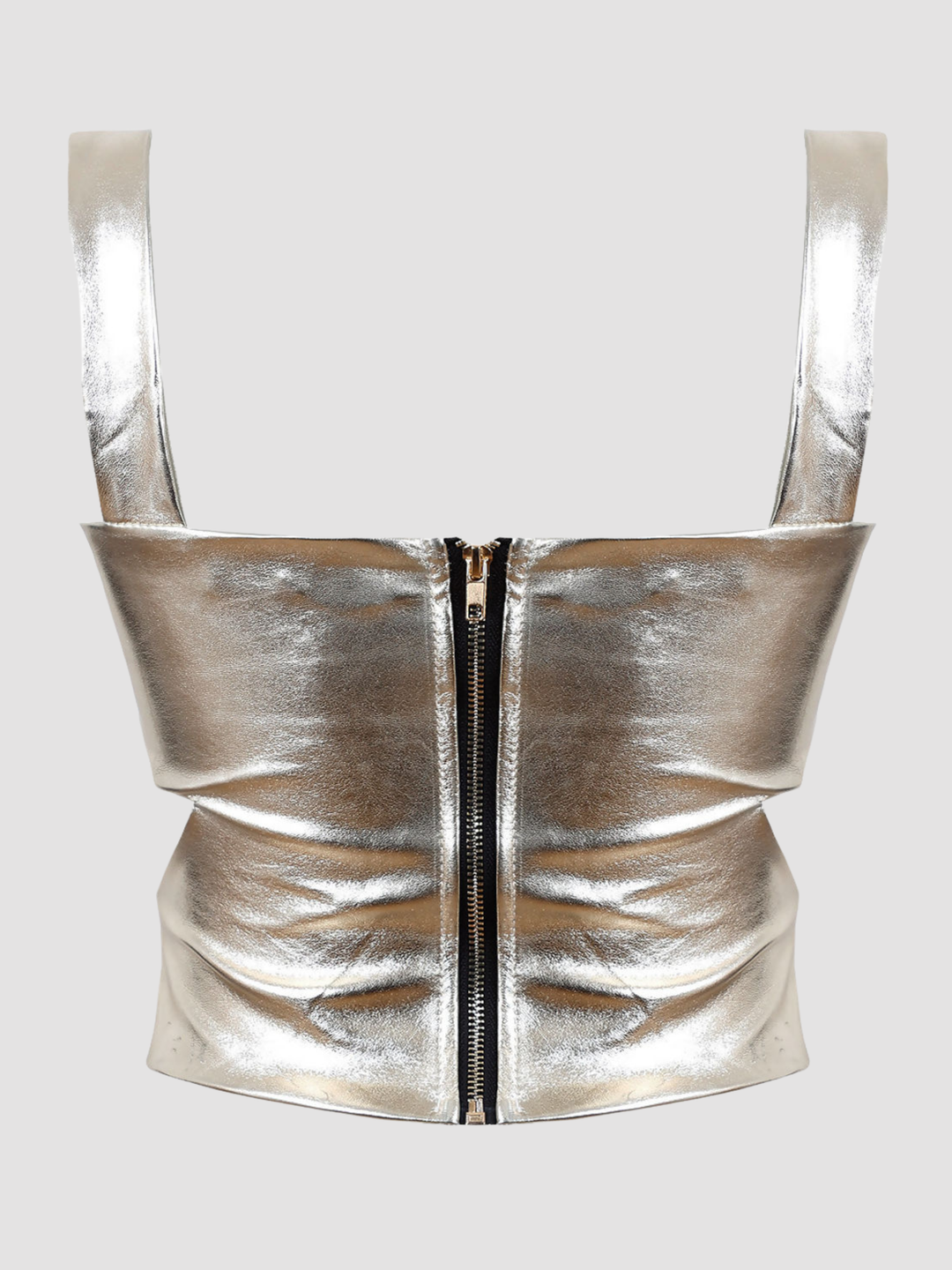 Ghost mannequin wears a faux leather gold metallic crop top with thick gold metallic shoulder straps, wrap front design and cut out sides and zip back fastening. The ghost mannequin stands with his back to the camera, the zip back fastening and thick gold shoulder straps can be seen. 