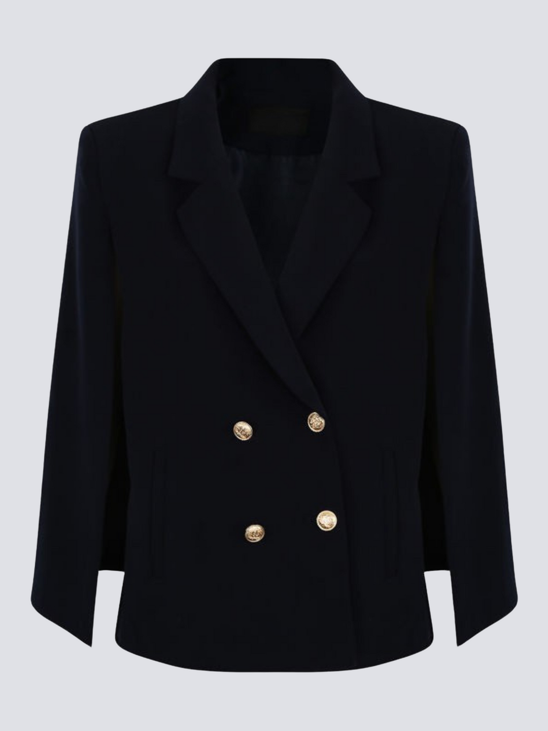 Ghost manequin wears a luxe Navy blazeer with a double breasted design, cape sleeves and a gold military buttons at the front of the blazer.  The ghost manequin faces forward, the front of the cape can beseen, including the caped sleeves.