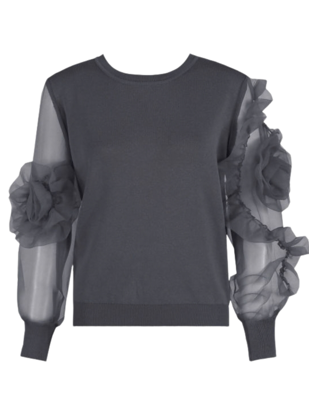 Ghost mannequin stands in front of a plain background and wears a grey crew neck jumper, with mesh sheered sleeves with a ruffled  bsleeves balloon design. The ghost mannequin faces forward, the front of the luxe jumper can be seen, including the statement ruffled sleeves.