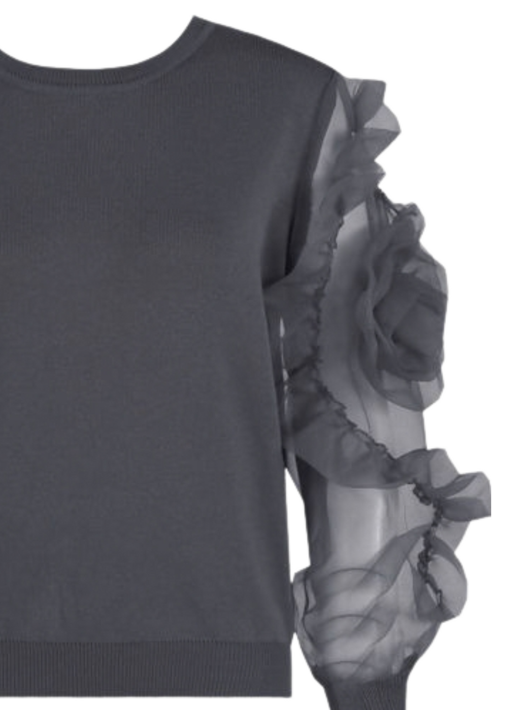 Close up. Ghost mannequin stands in front of a plain background and wears a grey crew neck jumper, with mesh sheered sleeves with a ruffled sleeves balloon design. The ruffled sleeves can be seen.