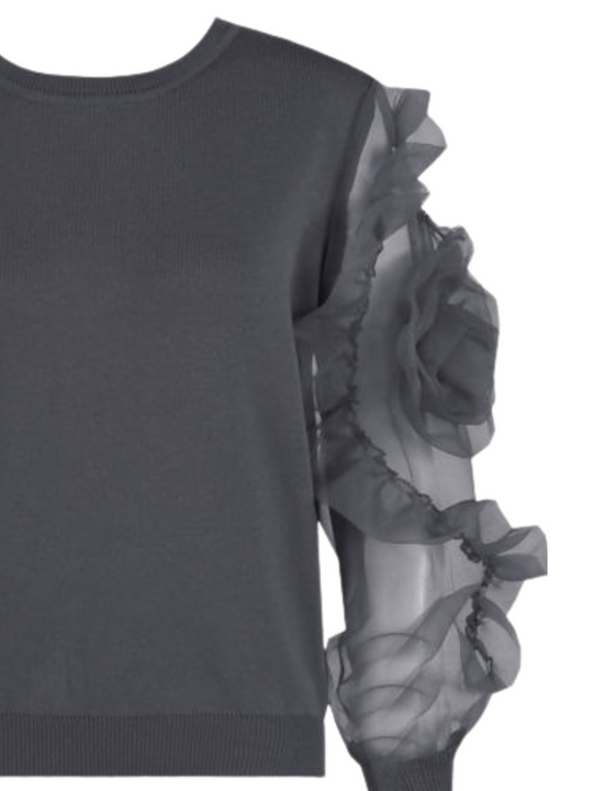 Close up. Ghost mannequin stands in front of a plain background and wears a grey crew neck jumper, with mesh sheered sleeves with a ruffled sleeves balloon design. The ruffled sleeves can be seen.
