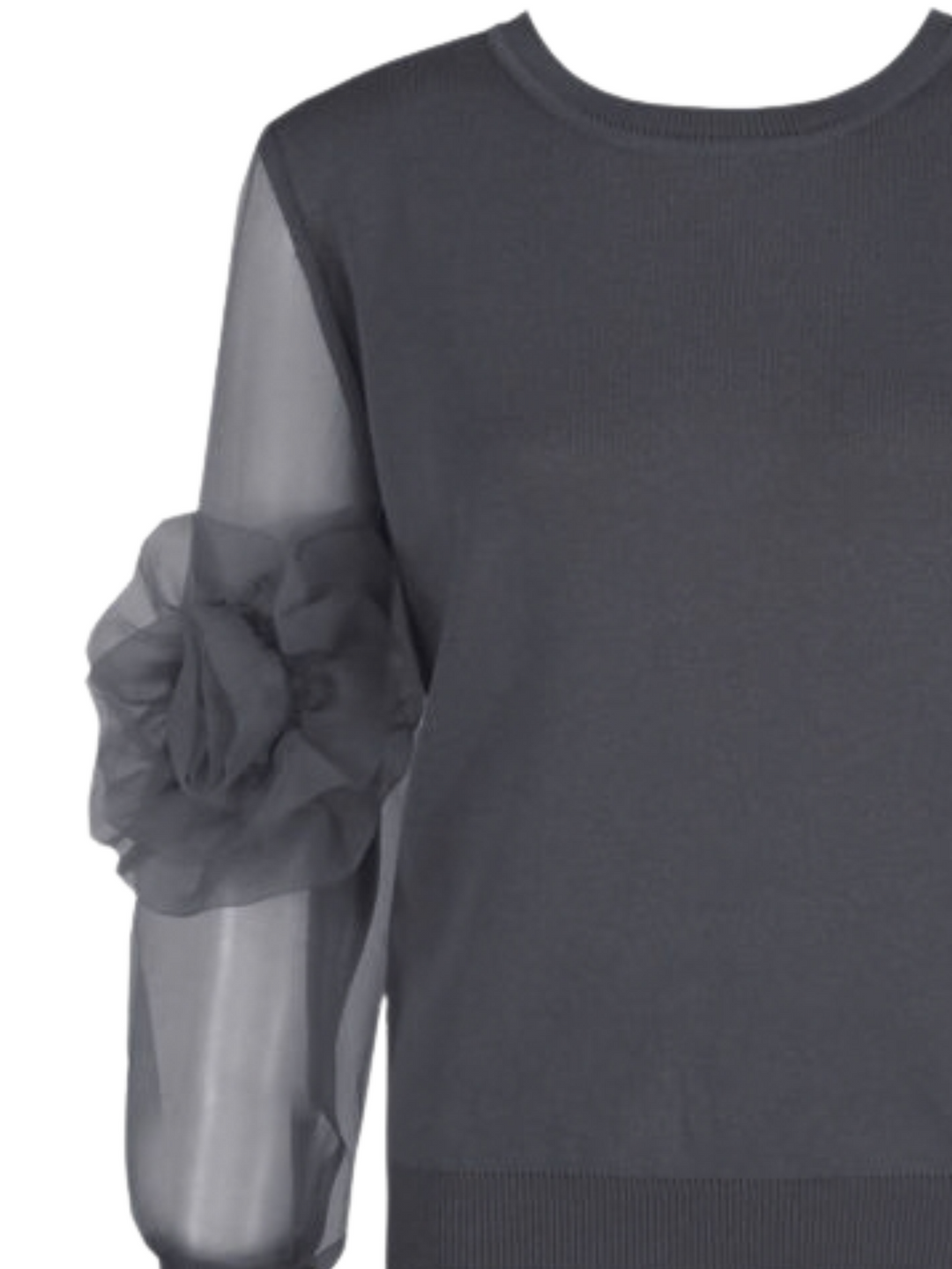 Close up. Ghost mannequin stands in front of a plain background and wears a grey crew neck jumper, with mesh sheered sleeves with a ruffled  sleeves balloon design, a signgle flowered ruffle design can be seen at the sleve.