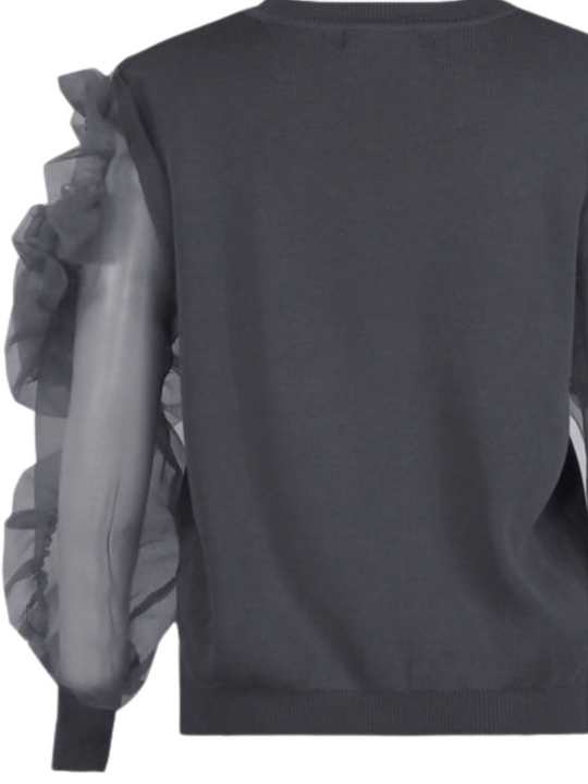 Close up. Ghost mannequin stands in front of a plain background and wears a grey crew neck jumper, with mesh sheered sleeves with a ruffled  sleeves balloon design. The ghost mannequin stands with his back to the camera, the back of the jumper can be seen, including the statement ruffled sheer sleeves and cuffed sleeved design.