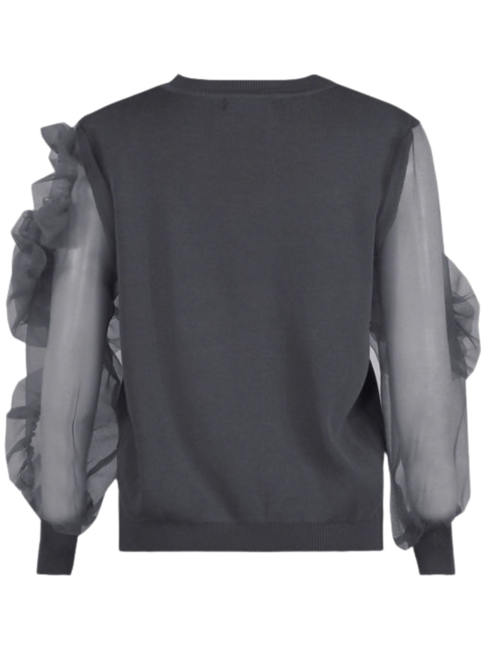 Ghost mannequin stands in front of a plain background and wears a grey crew neck jumper, with mesh sheered sleeves with a ruffled  sleeves balloon design. The ghost mannequin stands with his back to the camera, the back of the jumper can be seen, including the statement ruffled sheer sleeves.