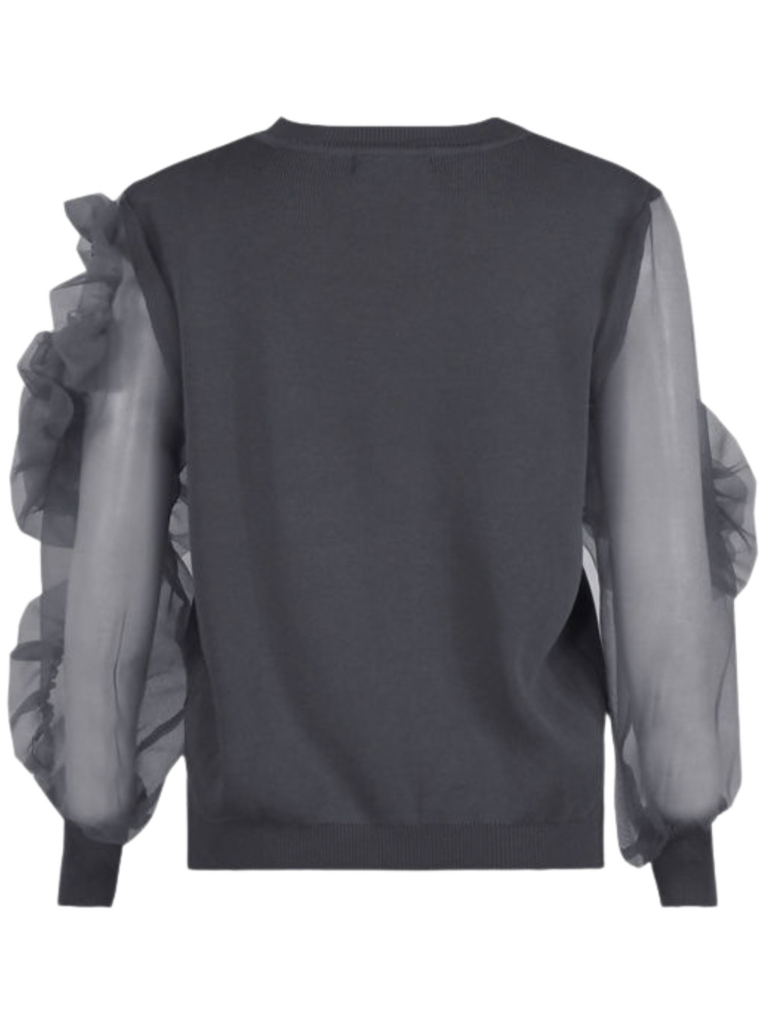 Ghost mannequin stands in front of a plain background and wears a grey crew neck jumper, with mesh sheered sleeves with a ruffled  sleeves balloon design. The ghost mannequin stands with his back to the camera, the back of the jumper can be seen, including the statement ruffled sheer sleeves.
