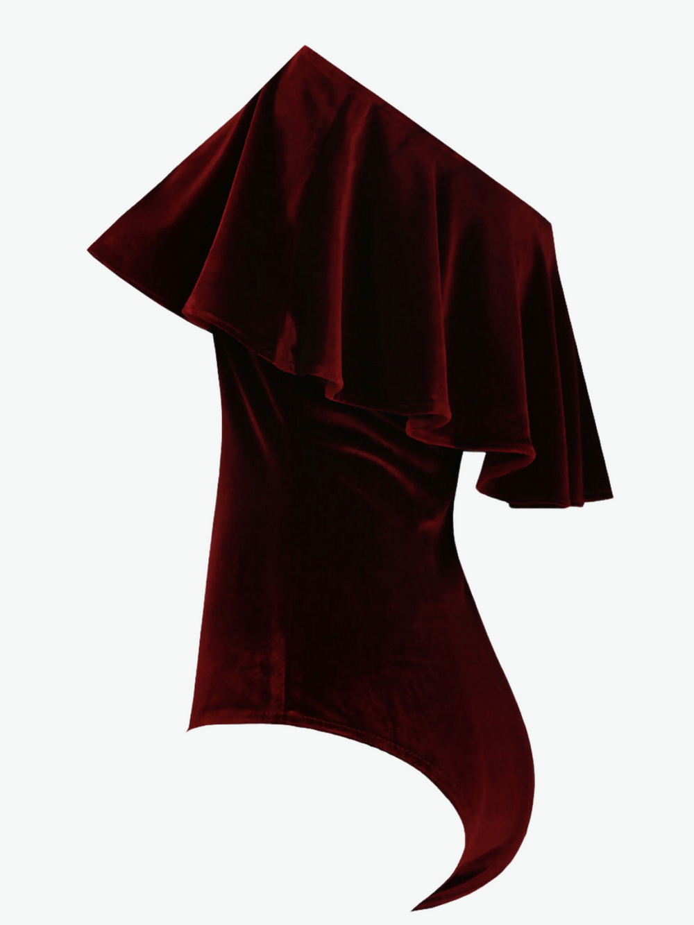 Ghost manequin wears off the shoulder red wine coloured velvet bodysuit. The side of the bodysuit can be seen in the picture.