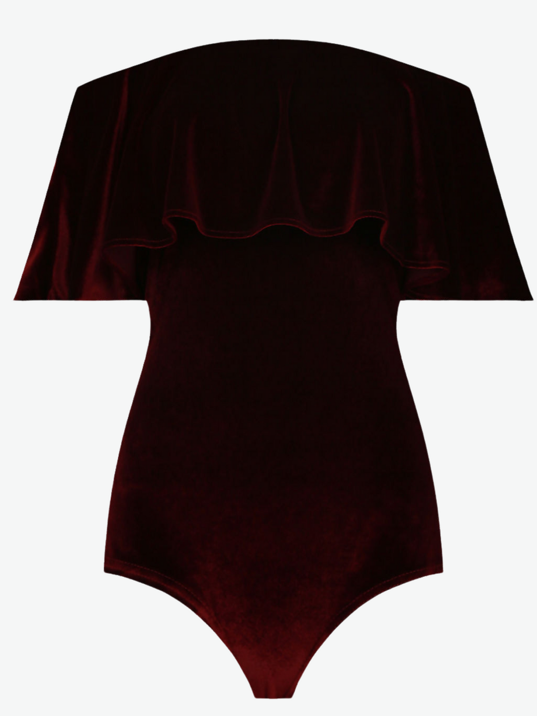 Ghost manequin wears off the shoulder red wine coloured velvet bodysuit. The front of the bodysuit can be seen in the picture. 