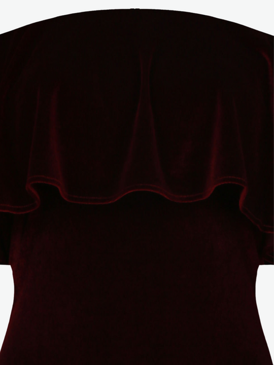 Closeup of ghost manequin wears off the shoulder red wine coloured velvet bodysuit. 