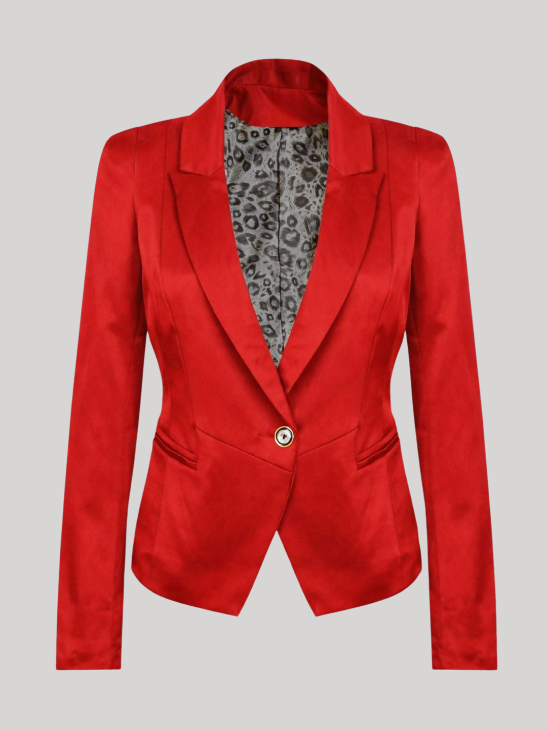 Ghost mannequin stands in front of a plain background. The ghost mannequin wears a red satin blazer, with single button fastening, with long sleeves, v neckline, front faux side pockets and red  satin lapel. The ghost mannequin faces forward, the front button fastening can be seen, including animal print internal lining can be seen.