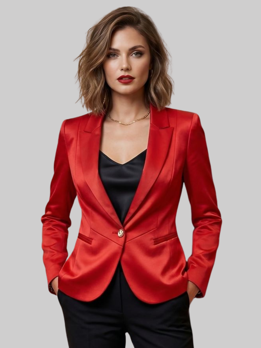 Model stands in front of a plain background, she wears a red satin blazer, with single button fastening, with long sleeves, v neckline, front faux side pockets and red  satin lapel. The model faces the camera, placing both hands inside her trousered pockets and stares into the camera.