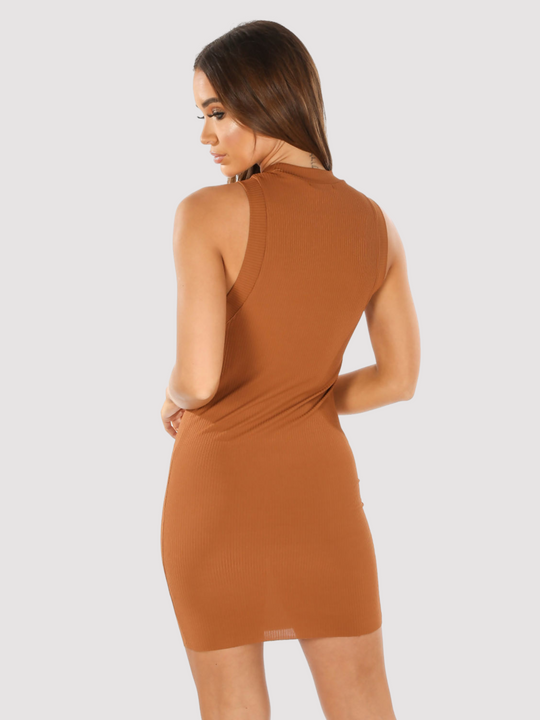 Woman wearing a brown  mini dress against a light grey background. The back of the brown ribbed mini dress can be seen. 