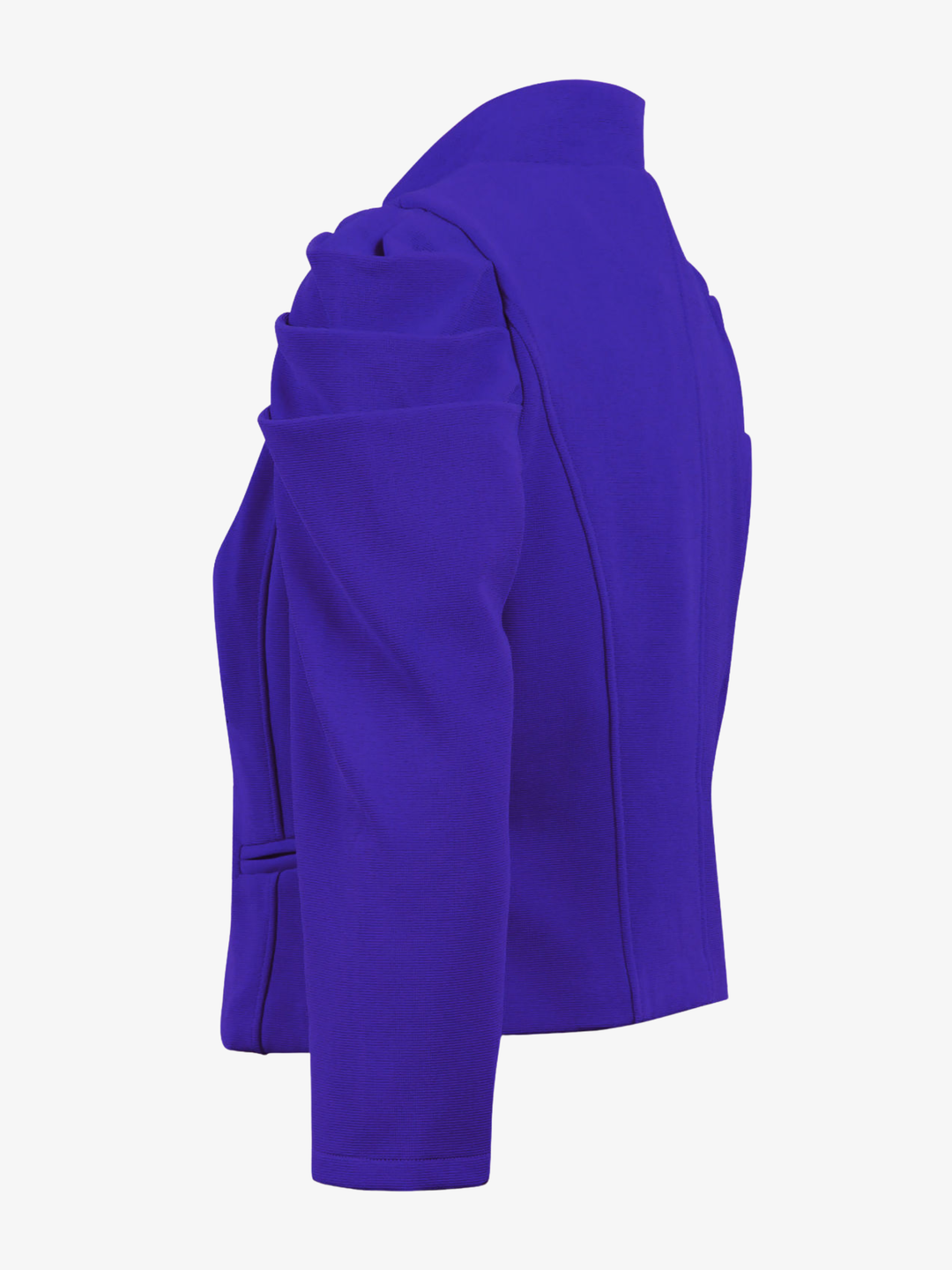Ghost mannequin stands in front of a plain background, the ghost mannequin wears a royal blue cropped blazer, with long sleeves and puffed sleeves. The blazer has a front  hook clasp fastening  and faux front side pockets. The ghost mannequin stands to the side, the side of the puffed sleeves can be seen.